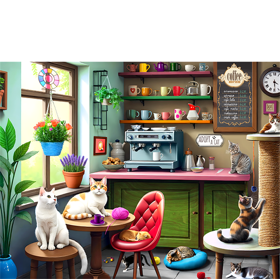 Colorful kitchen interior with cats and a coffee machine.