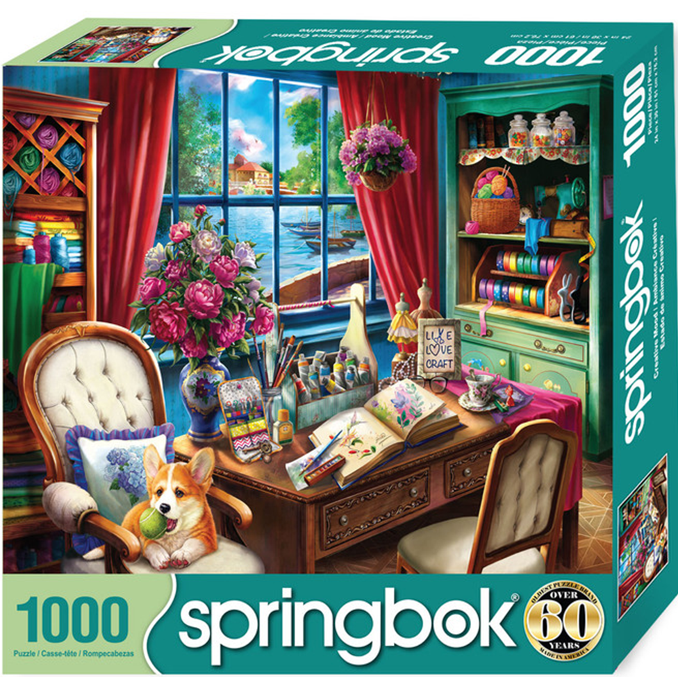 Springbok 1000-piece puzzle box with a cozy room scene featuring a desk, chair, and dog.