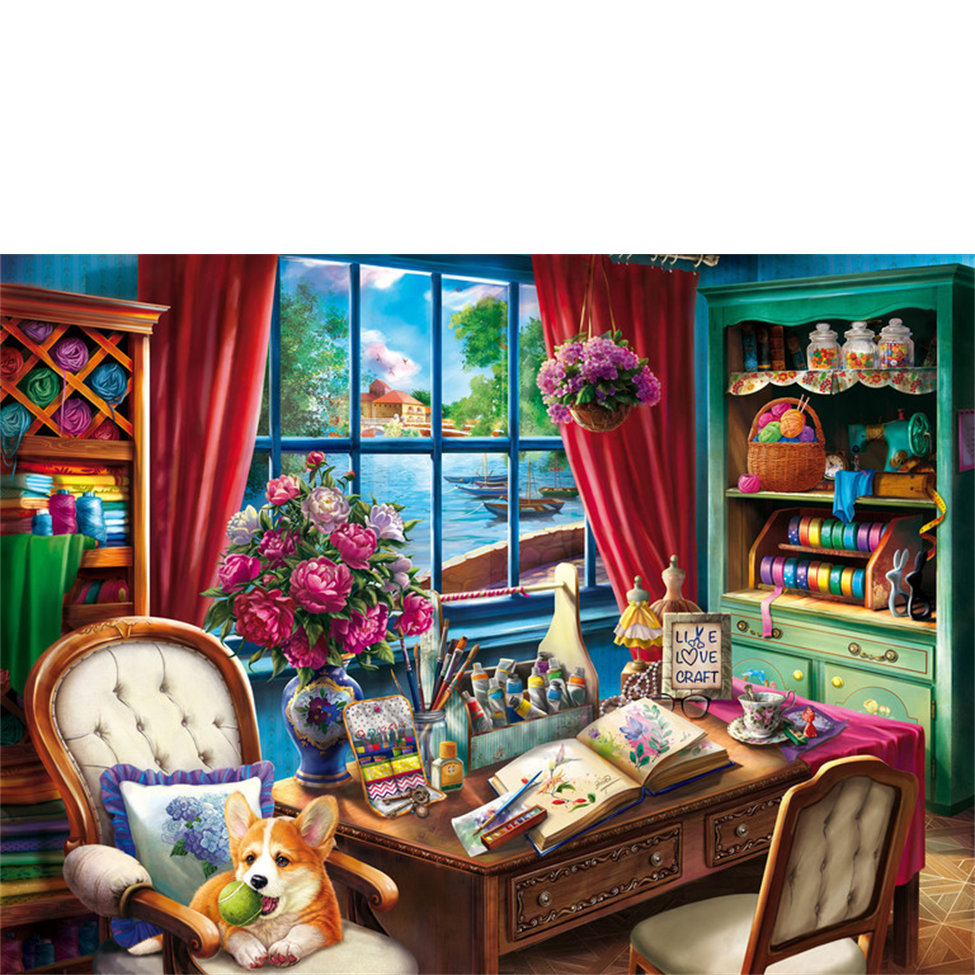 Colorful room with a desk, chair, and window view of a garden.