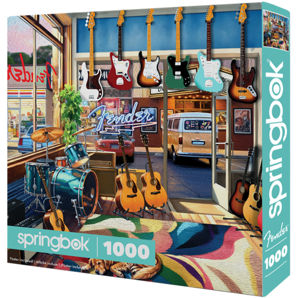 Jigsaw puzzle box featuring a music store with guitars and drums, branded 'springbok'.