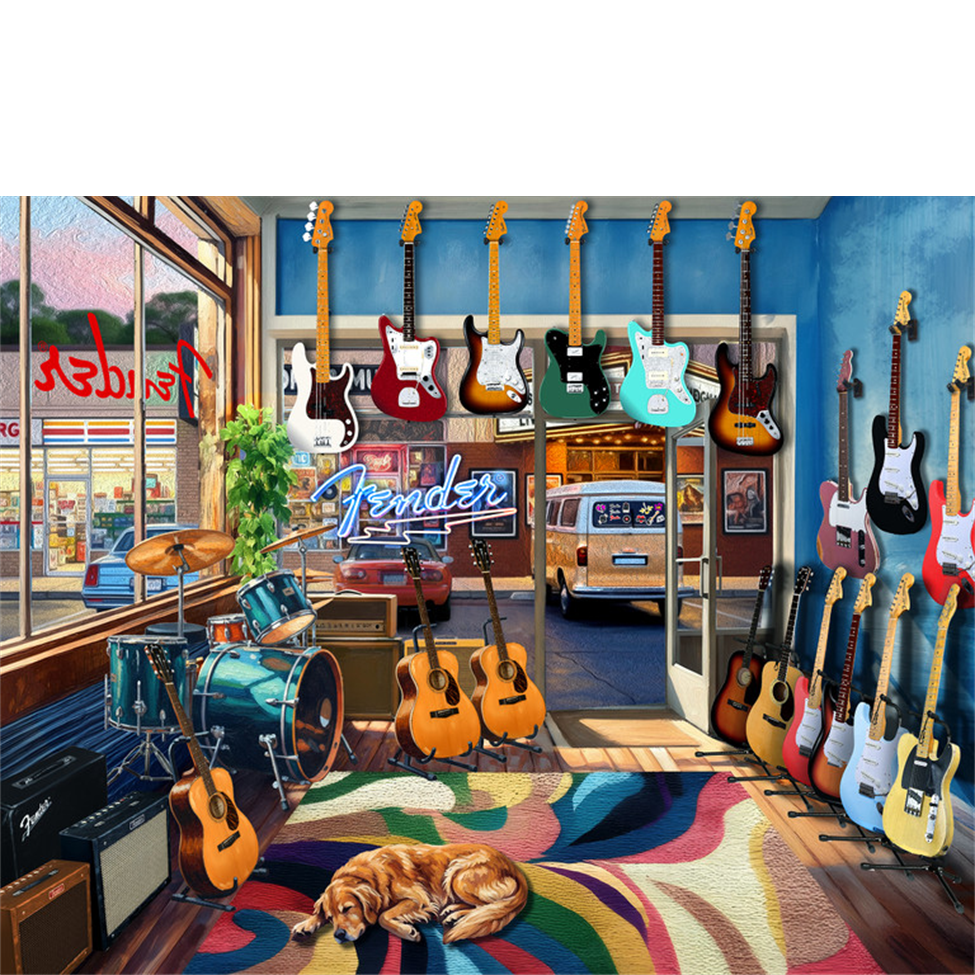 Colorful guitar store interior with various guitars and a dog on a rug.