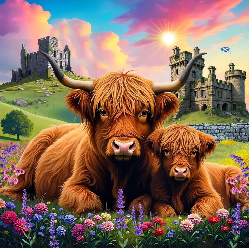 Two Highland cows in a field with colorful flowers and a castle in the background