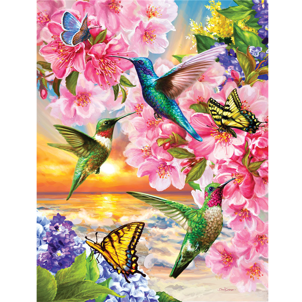 Colorful painting of hummingbirds and butterflies among flowers with a sunset background