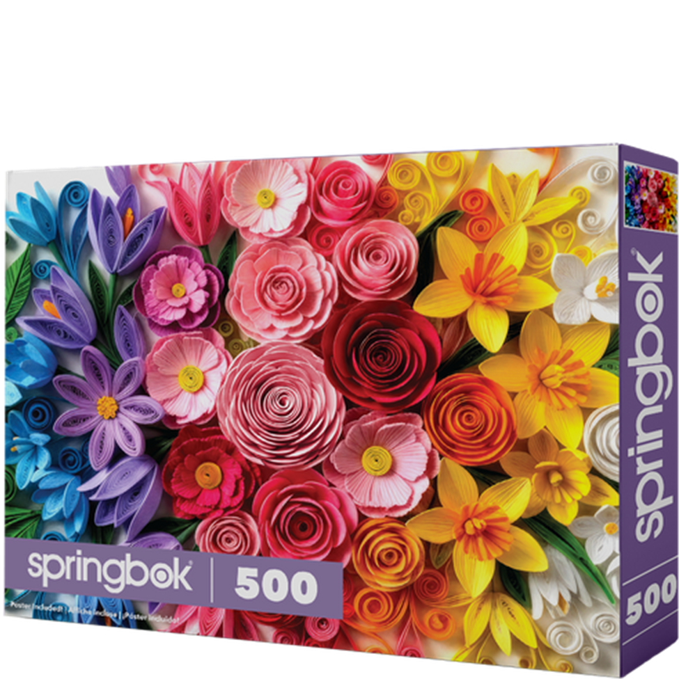 Colorful flower puzzle box with Springbok branding on a white background