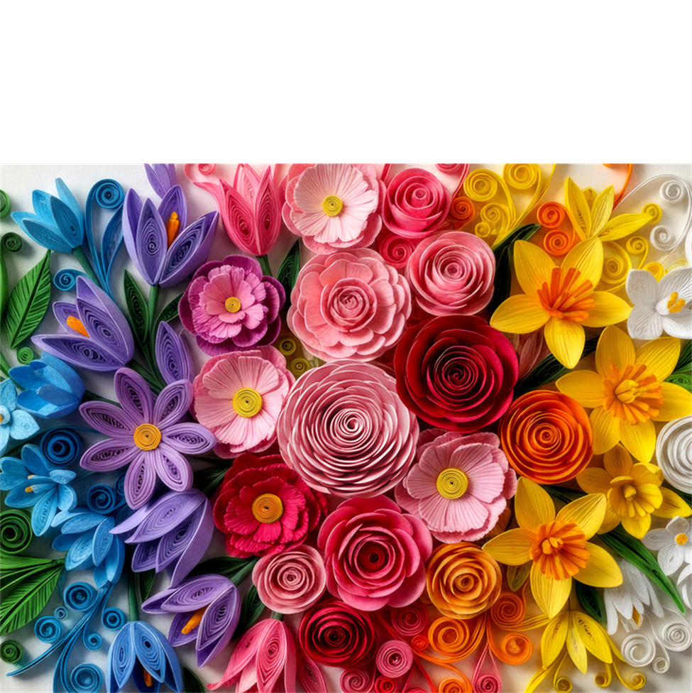 Colorful paper flowers arranged in a pattern on a white background
