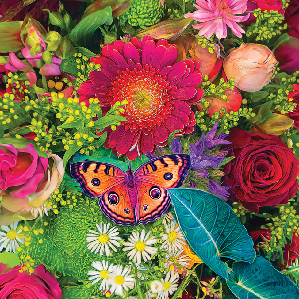 Colorful butterfly on a vibrant floral arrangement with pink, red, and green flowers.