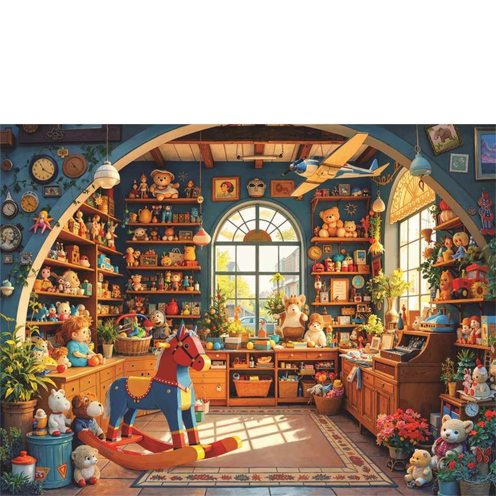 Colorful toy store interior with shelves filled with toys and decorations.