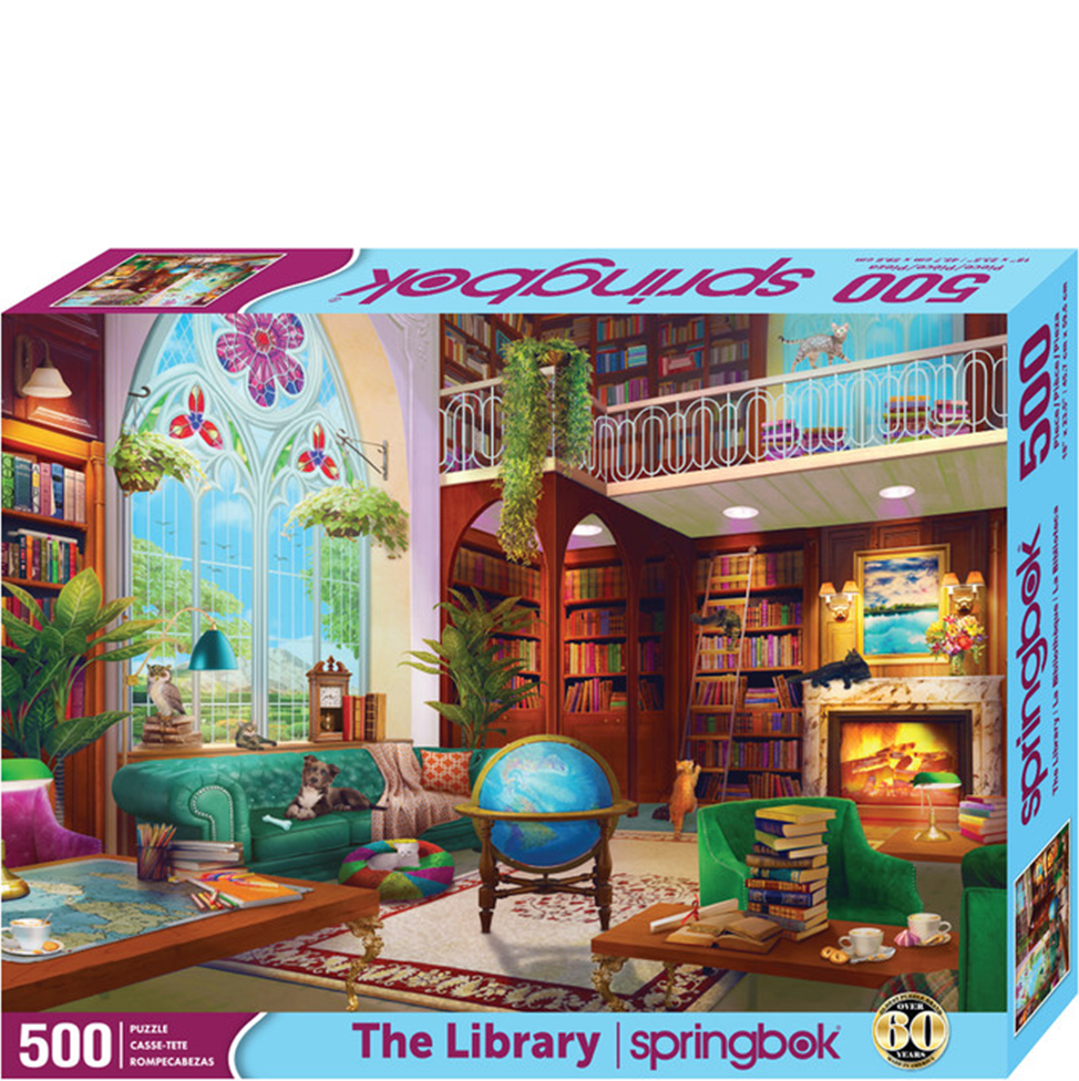 Springbok puzzle box featuring a library scene with books, furniture, and decor.
