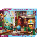 Springbok puzzle box featuring a library scene with books, furniture, and decor.