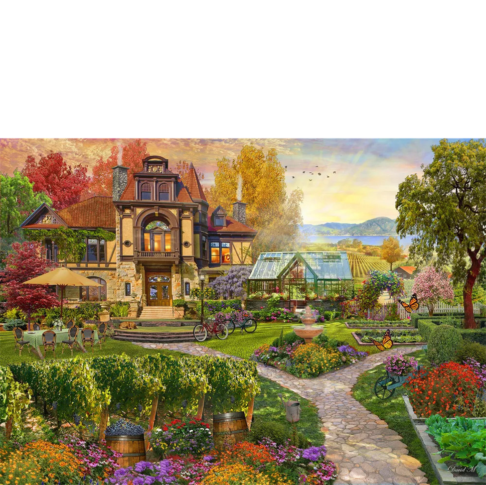 Springbok 1500-piece puzzle box with a scenic garden and house 