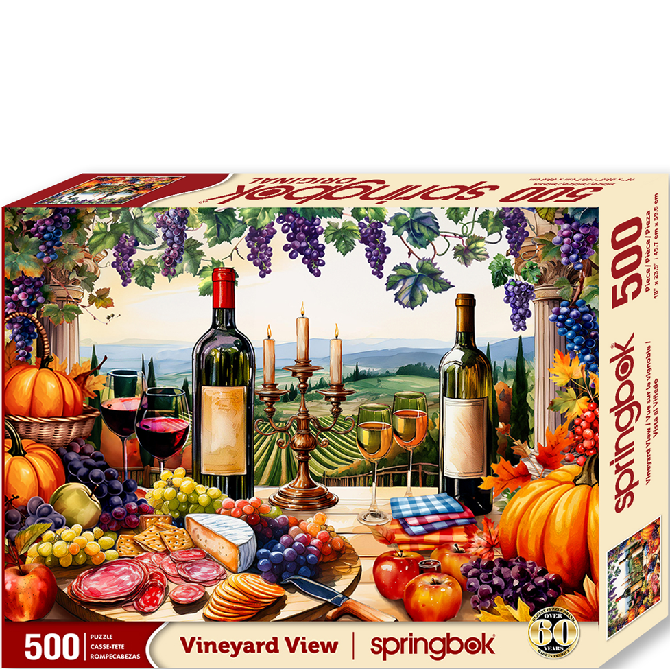 Springbok Vineyard View puzzle box with wine bottles, fruits, and vegetables on a scenic background