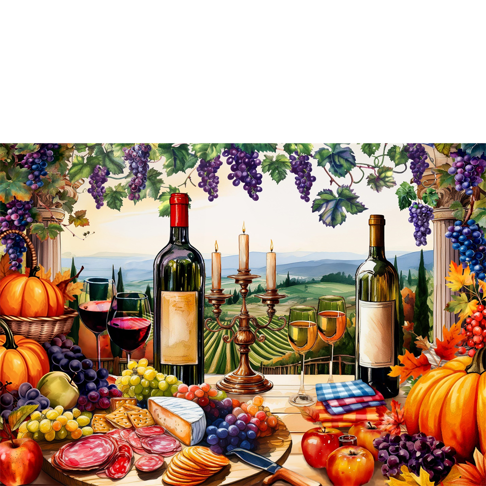 Festive table setting with wine, fruits, and snacks against a scenic backdrop