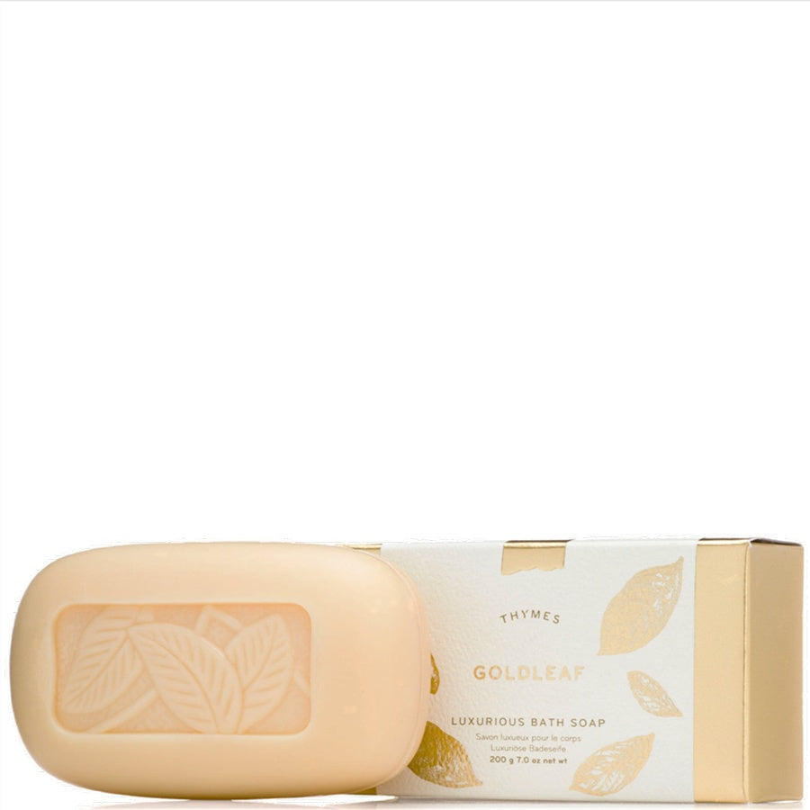 Bar of soap with packaging labeled 'Goldleaf' on a white background