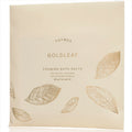 Beige packaging of Thymes Goldleaf Foaming Bath Salts with leaf designs.