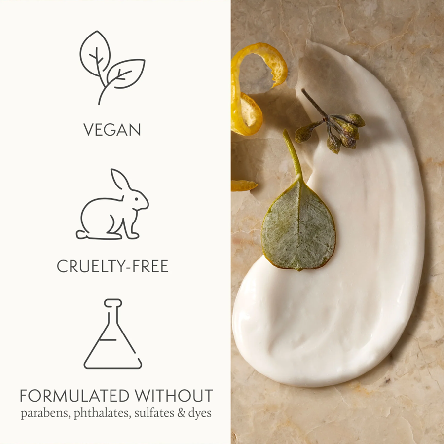 Product on a beige surface with vegan, cruelty-free, and sulfate-free icons.