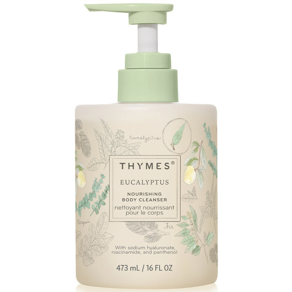 Thymes Eucalyptus body cleanser bottle with pump on a white background