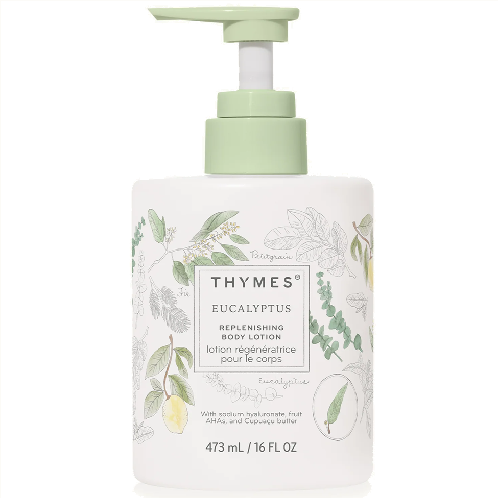 Thymes Eucalyptus body lotion bottle with pump on a white background
