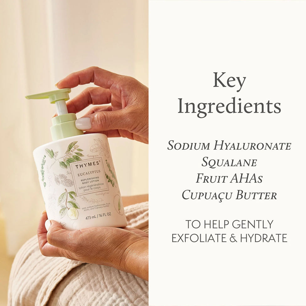 Hand holding a Thymes product with key ingredients listed on the right
