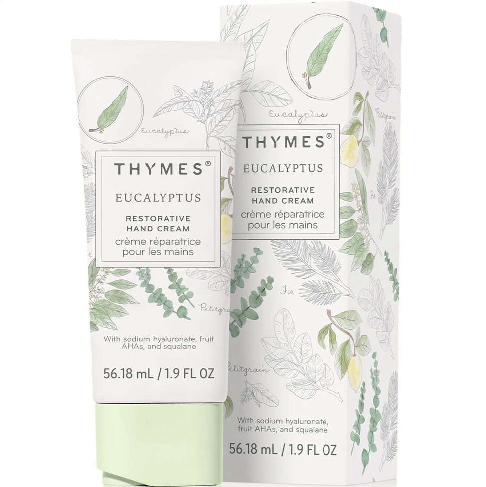 Thymes Eucalyptus Restorative Hand Cream packaging on a white background