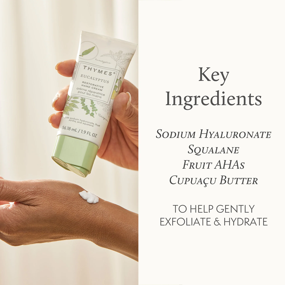 Hand holding a tube of Thymes Eucalyptus body cream with key ingredients listed on the right.