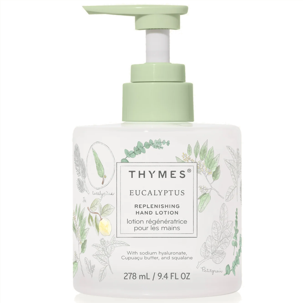 Thymes Eucalyptus replenishing hand lotion bottle on a white background