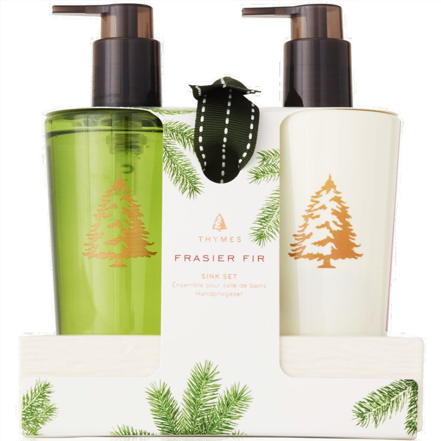 Thymes Frasier Fir soap set with green and white bottles on a white background