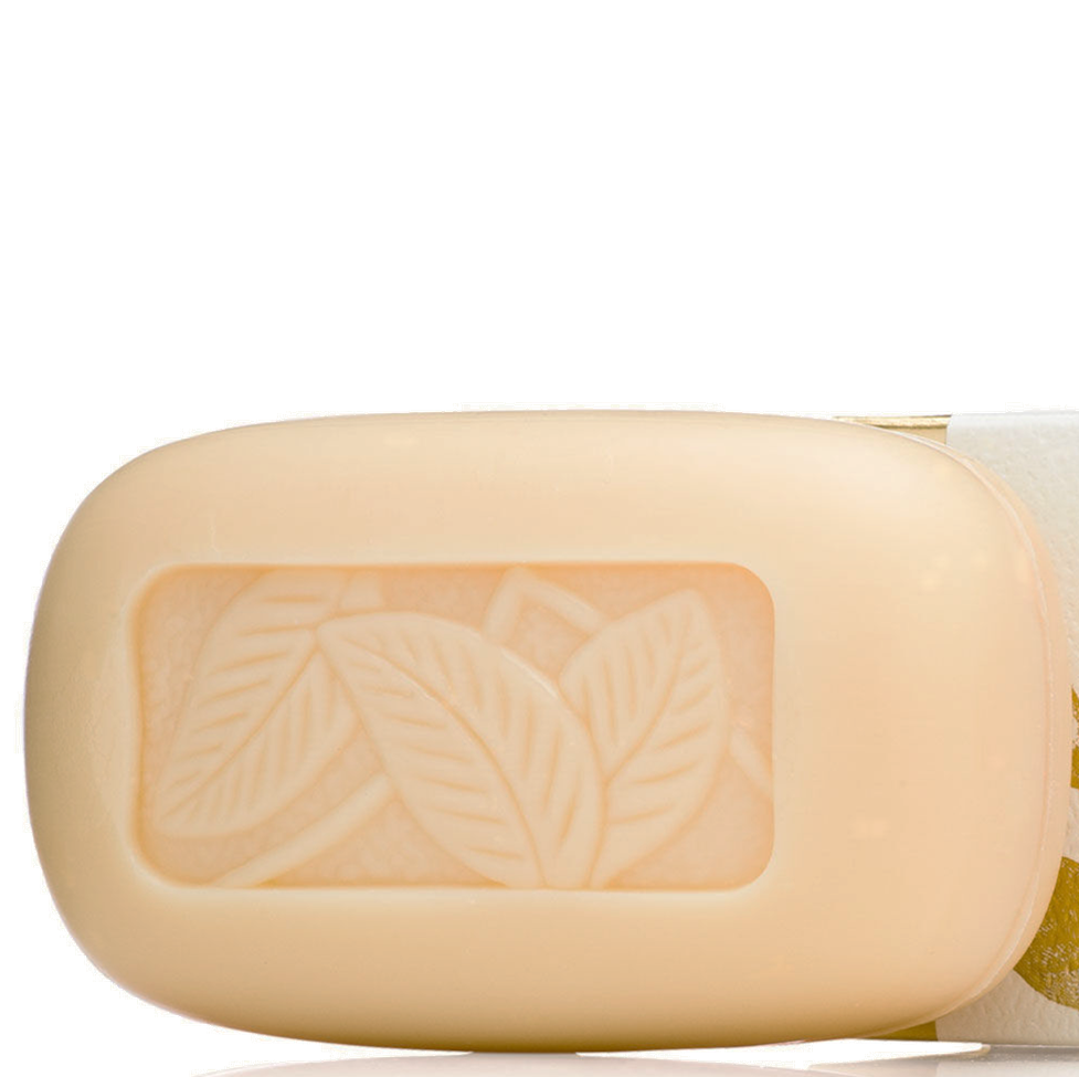 Bar of soap with a leaf design on a white background