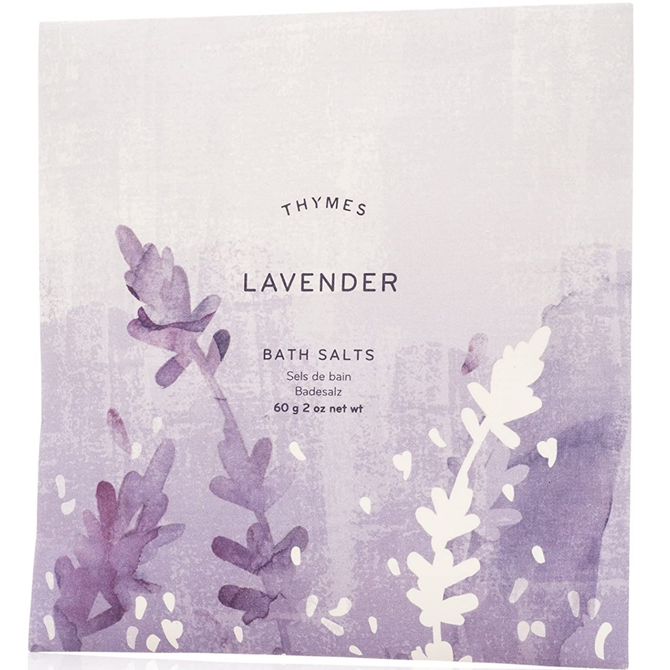 Thymes lavender bath salts packaging with floral design