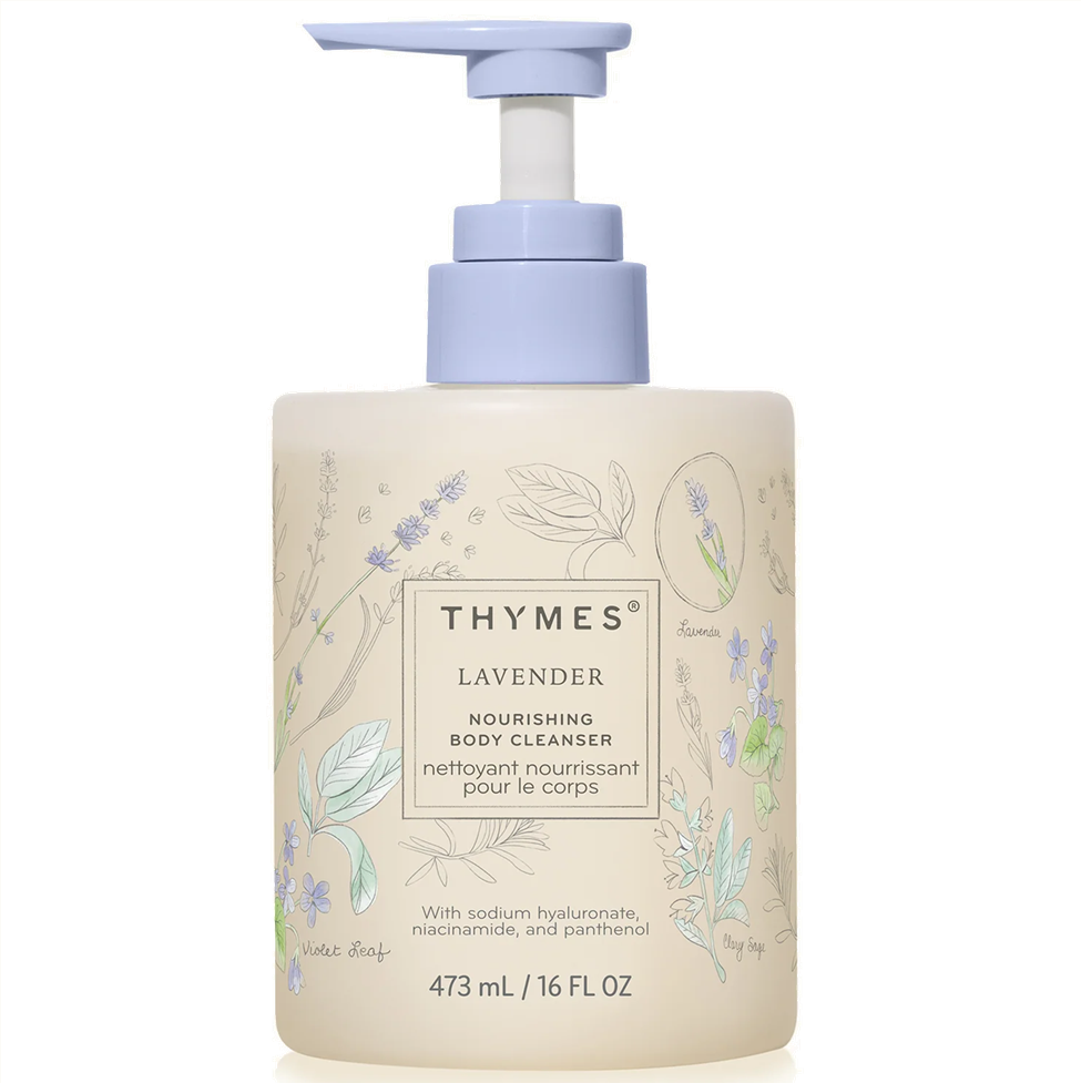 Thymes lavender body cleanser bottle with pump on a white background