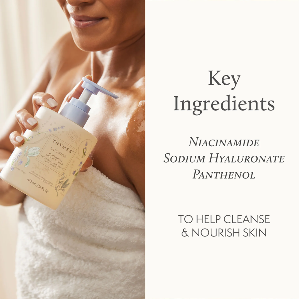 Woman holding a bottle of Thymes product with text about key ingredients on a white background