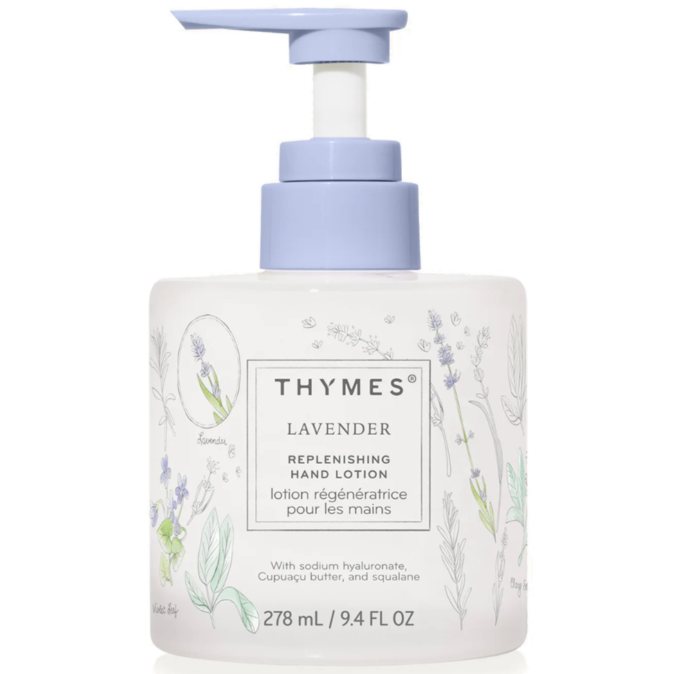 Thymes lavender replenishing hand lotion bottle on a white background