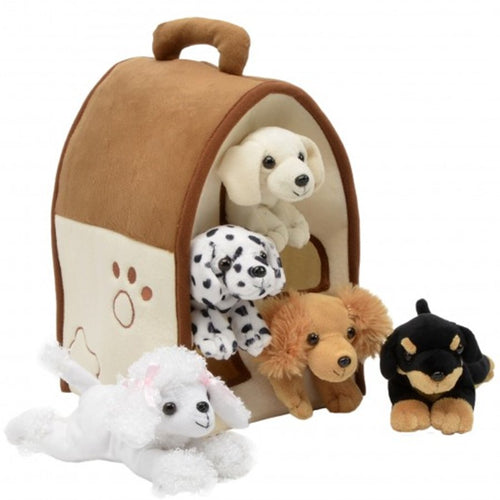 Set of plush dog toys with a carrying case on a white background