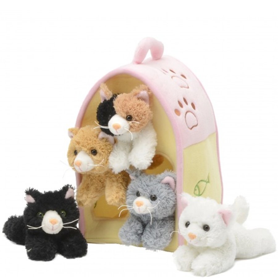 Set of plush cat toys with a pink carrier on a white background