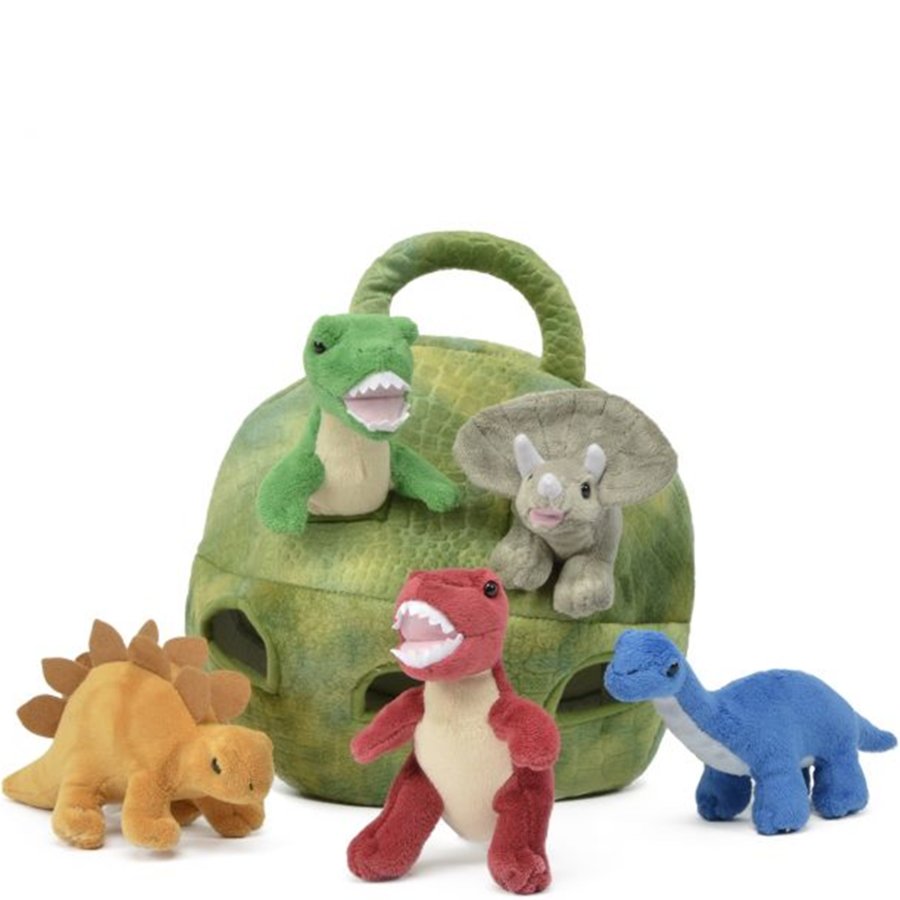 Set of plush dinosaurs with a green carrying case on a white background