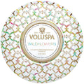 Voluspa Wildflowers candle packaging with decorative patterns on a white background