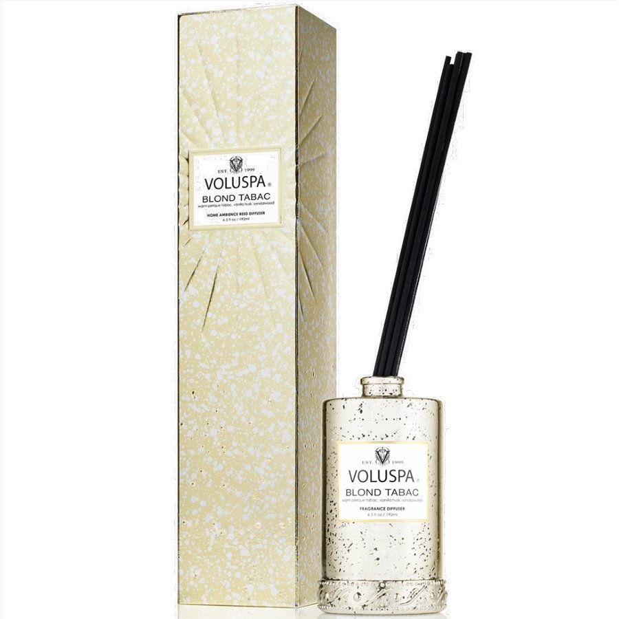 Voluspa Blond Tabac diffuser with packaging on a white background