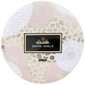 Voluspa Santal Vanille candle packaging with floral design