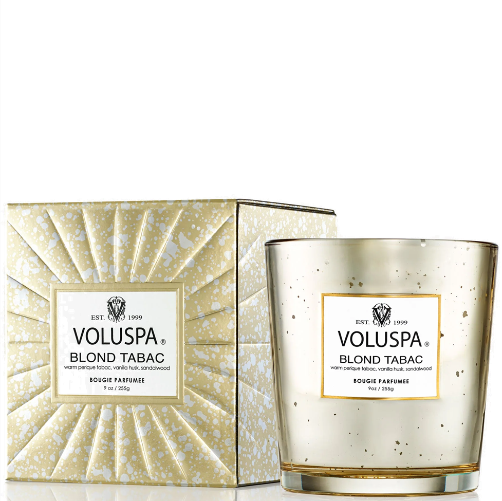 Voluspa Blond Tabac candle in packaging on a white background