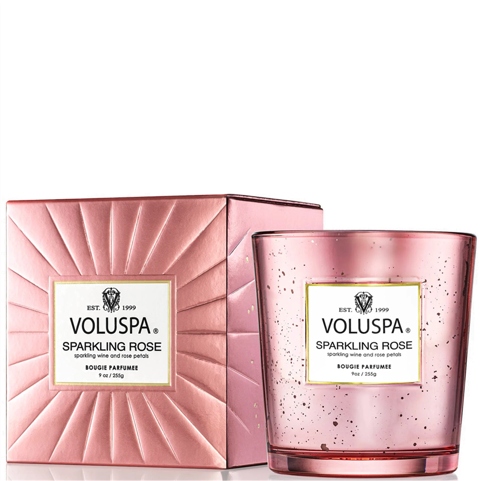 Voluspa Sparkling Rose candle and packaging on a white background