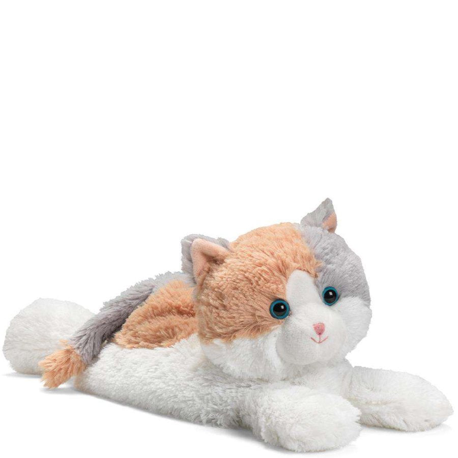 Plush toy cat with orange, white, and gray fur on a white background