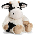 Plush cow toy with black and white pattern on a white background