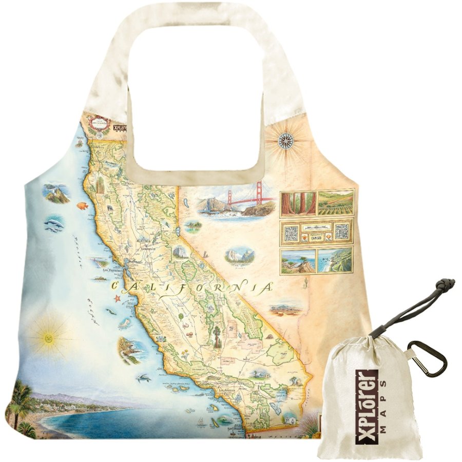 Reusable shopping bag with California map design and Xplorer Bags logo.