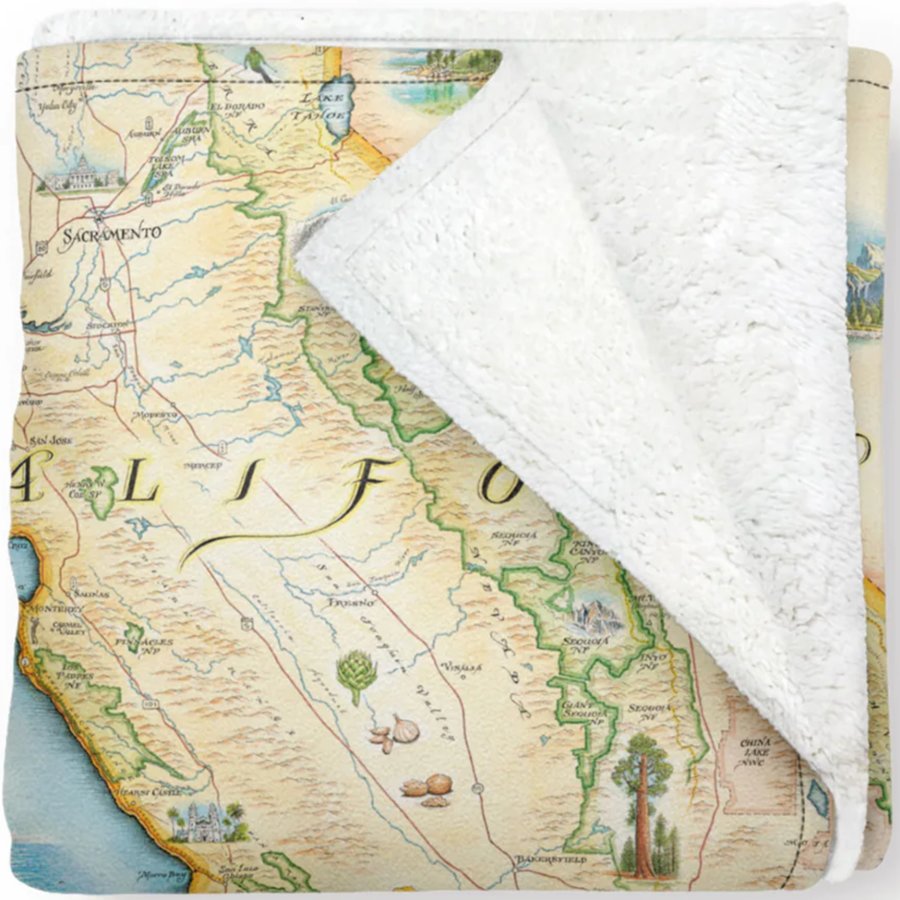 Map-themed blanket with a vintage-style design of California.