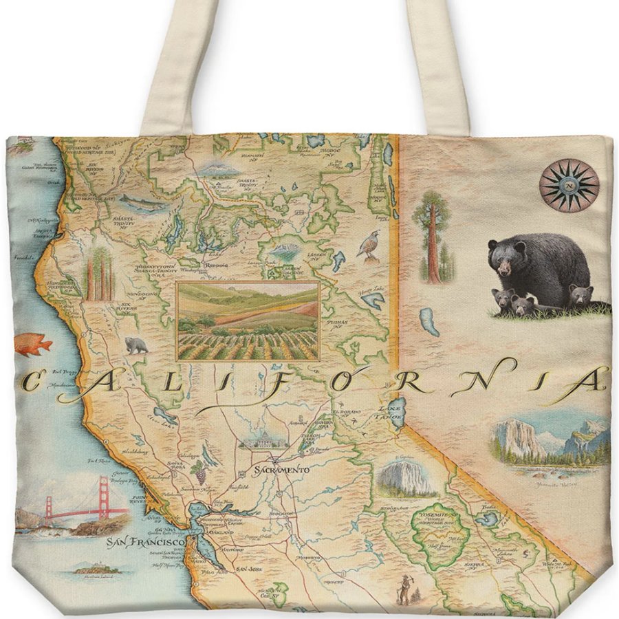 Tote bag with a map of California design featuring a bear and scenic illustrations.