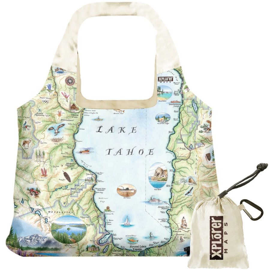 Reusable shopping bag with Lake Tahoe map design and 'Explorer Maps' branding.