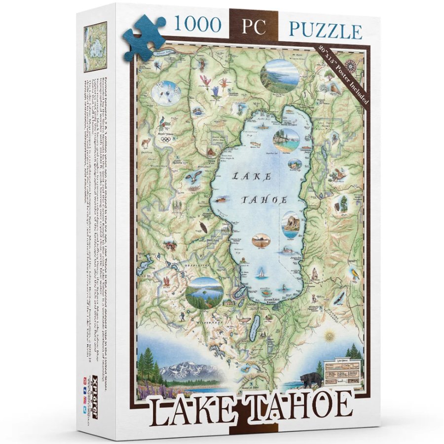 Jigsaw puzzle box featuring a map of Lake Tahoe with scenic illustrations on a white background.