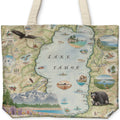 Tote bag with a map design of Lake Tahoe featuring various scenes and animals.