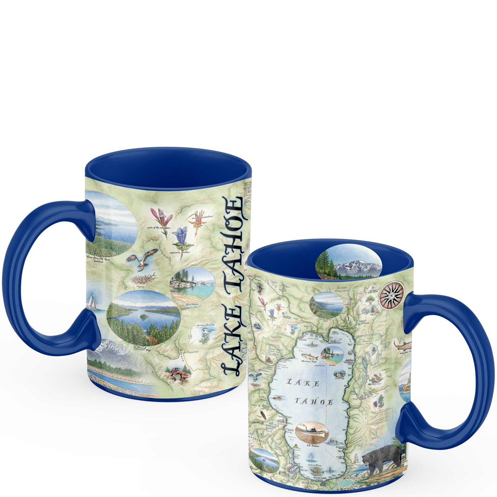 Two mugs with a map design of Lake Tahoe on a white background