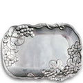 Decorative silver tray with leaf and grapevine designs on a white background