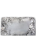 Decorative silver belt buckle with grapevine design on a white background